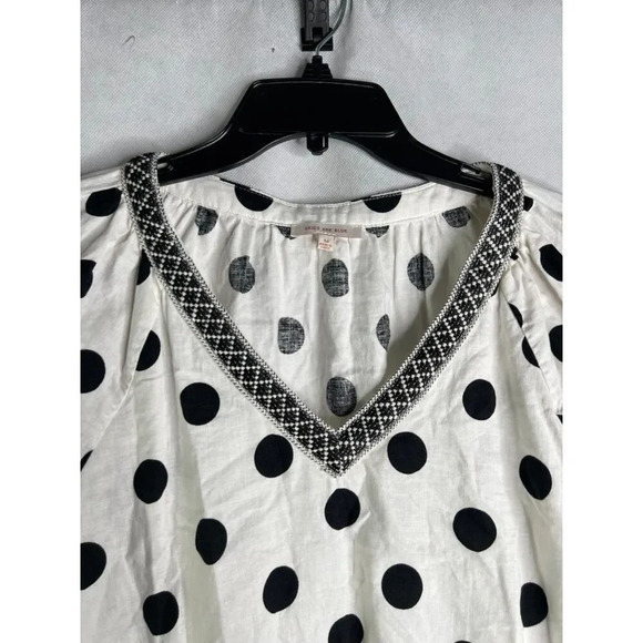 Skies are Blue Linen Blend Vneck White Black Polka Dot Blouse Size Medium - Picture 3 of 8